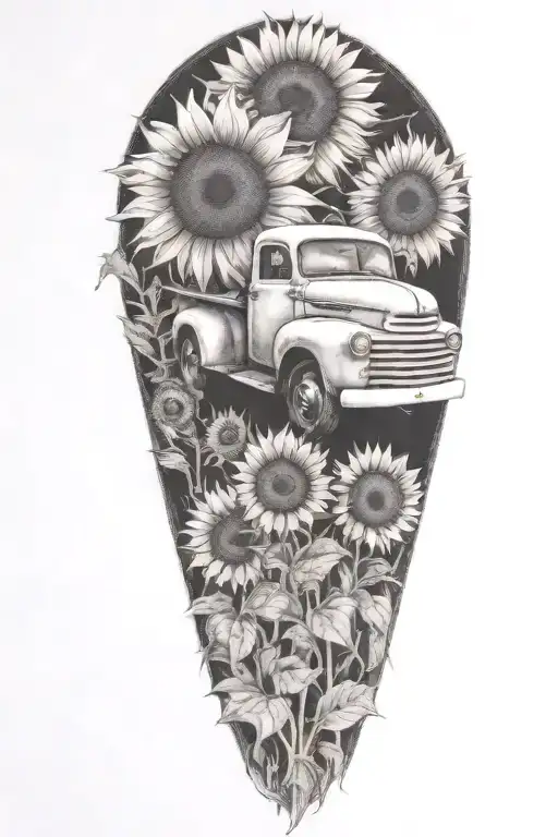 A Blackwork Tattoo Of A Truck Morphing Into A Field Of Sunflowers