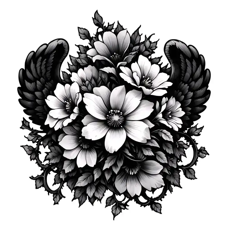 Flowers With Vines And Wings Spread Wid