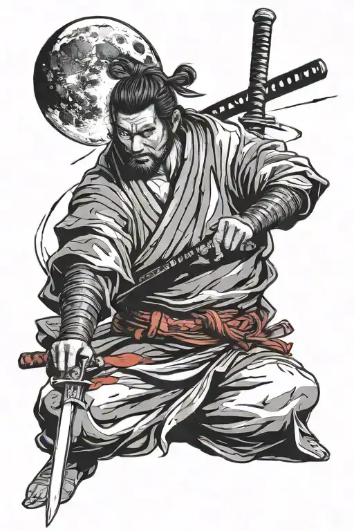 Realistic Ronin Holds A Katana Sword Red Moon In The Background