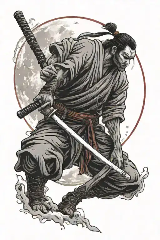 Realistic Ronin Holds A Katana Sword Side View With Red Full Moon In The Background