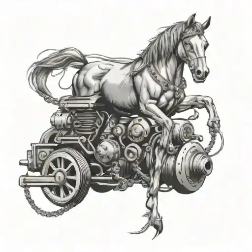 A Dog Leashes To A Horse Car Engine