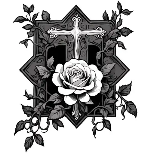 Fancy Cross With A Rose In The Middle And Vines Wrapped Around The Cross
