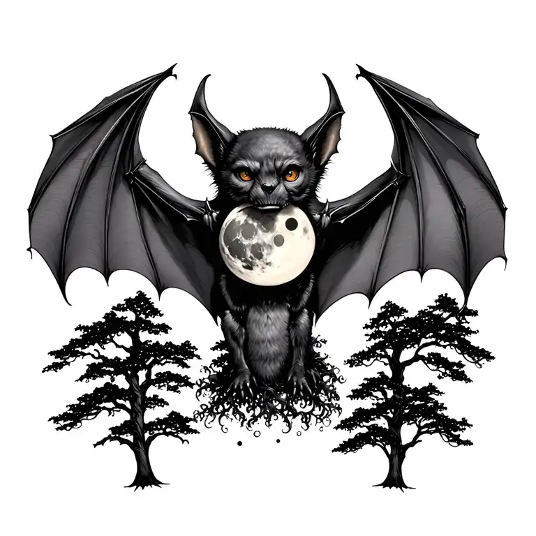 Bat With Moon Phases And Trees