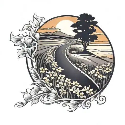 A Winding Road Leading Into A Sunset With A Field Of Flowers On The Side