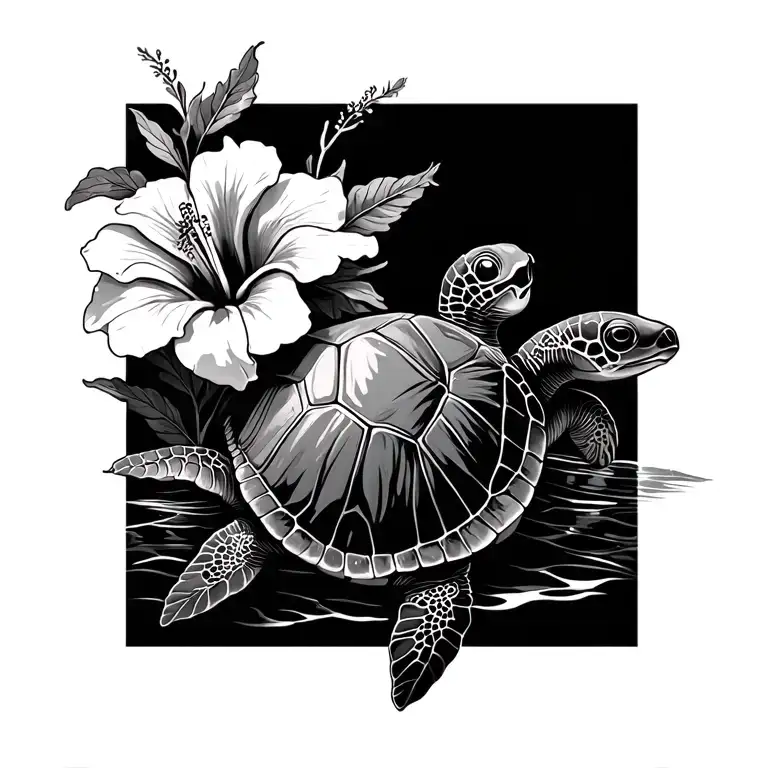 Sea Turtle And Hibiscus Flower Intertwined