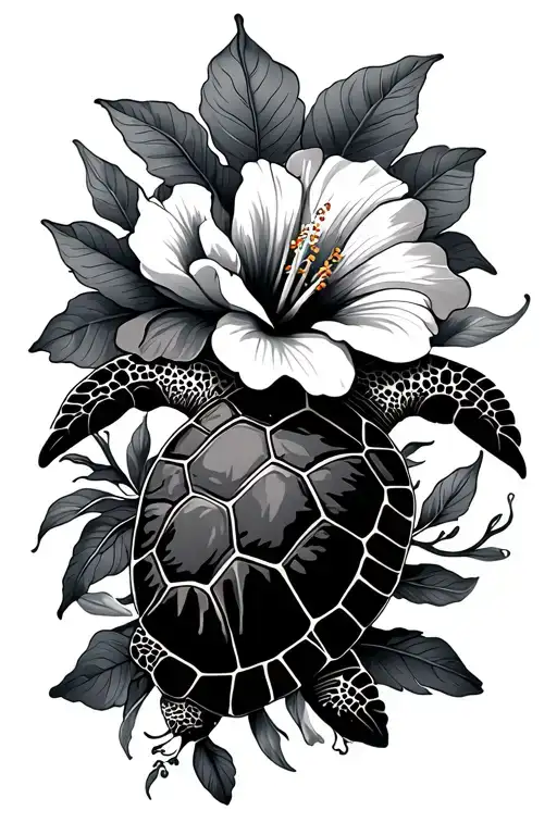 Sea Turtle And Hibiscus Flower And Peony Flower