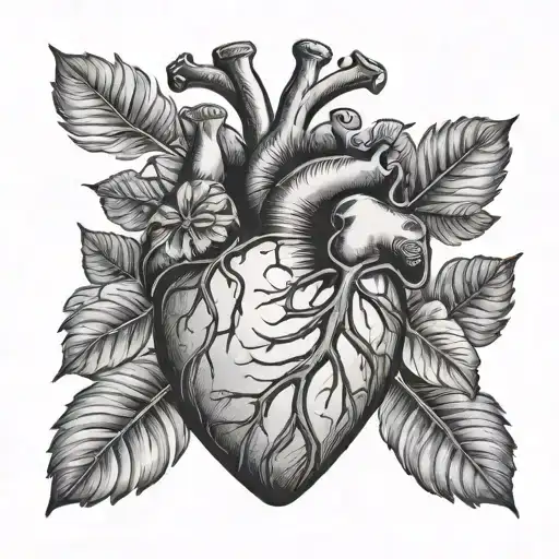 Realistic Heart With A Loral Leaf Either Side Of It