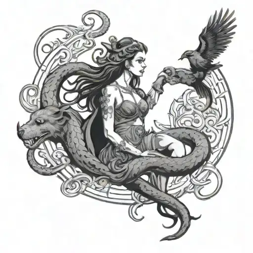 Hel Goddess With A Raven Flying From Behind Her Head And A Snake And Hellhound Standing On Her Sides