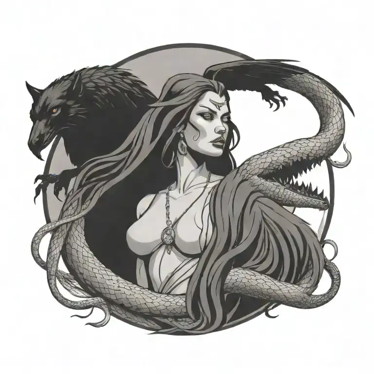 Hel Goddess With A Raven Flying From Behind Her Head And A Snake And Hellhound Standing On Her Sides
