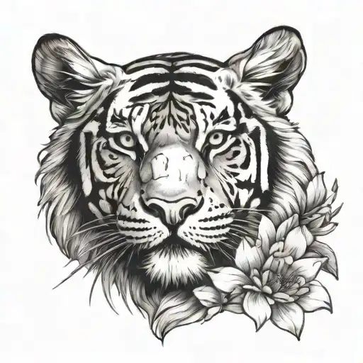 Outline Of Tiger Body With Daisies And Magnolias Flowers Inside