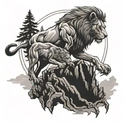 A Mechanical Engineer-inspired Design Featuring A Lion And Wolf Working Together To Climb A Mountain