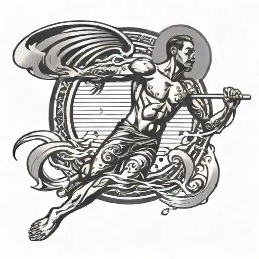 A Black-grey Tattoo Of A Missionary Swimming With Music Notes Surrounding Them