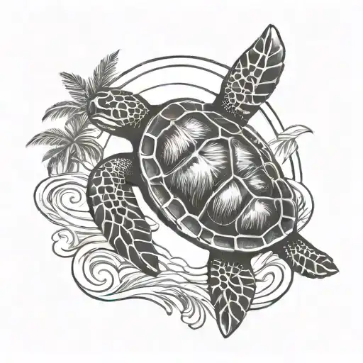 Sea Turtle Surrounded By Palms Rising Sun Rising