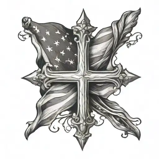 Black And Gray American Flag With Wood Cross
