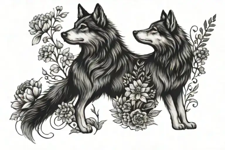 Wolf And Crysanthemums And Forget Me Nots