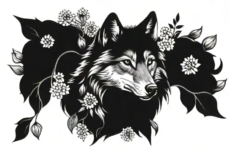 Wolf And Crysanthemums And Forget Me Nots Surrounding
