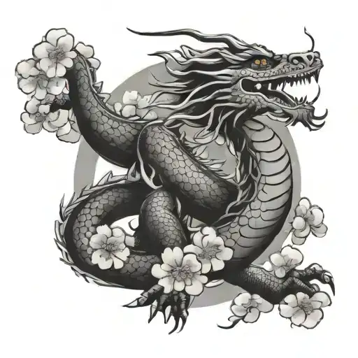 Oriental Dragon And Clouds With Cherry Blossom