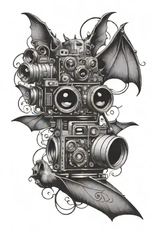 An Intricate Black And Grey Tattoo Of A Bat Surrounded By Music Notes And Camera Lenses