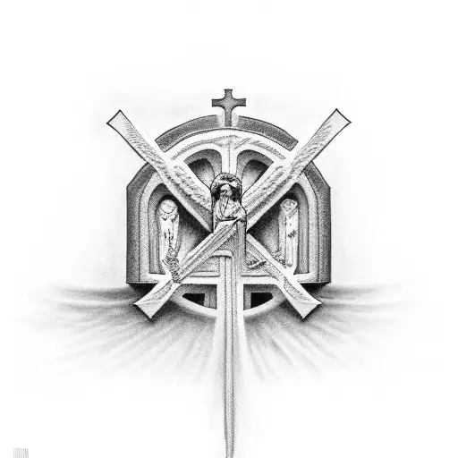 Jesus Tomb With Angels Next To Crosses