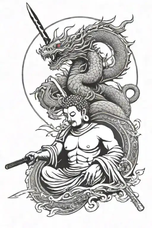 Buddha And Dragon With A Katana Against The Background Of The Moon