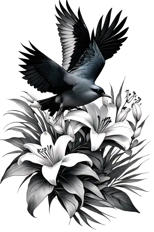 Palm Branches And Lilies With A Bird Flying