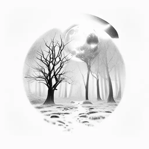 A Mystical Moonlit Forest With A Silhouette Of A Woman