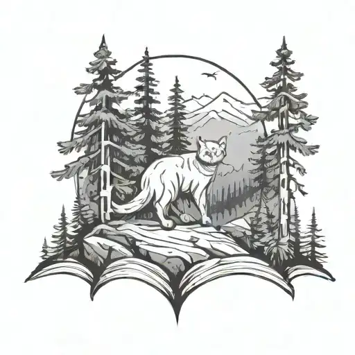 A Black And Grey Tattoo Of A Cat Exploring A Mountain Forest