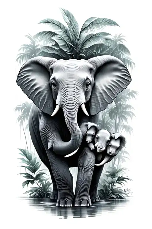 Rain Forest Scene With Mommy Elephant Holding 2 Babies