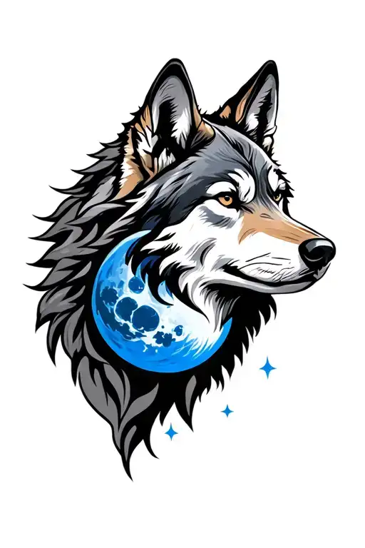 Wolf Head With Blue Moon Tattoo Design