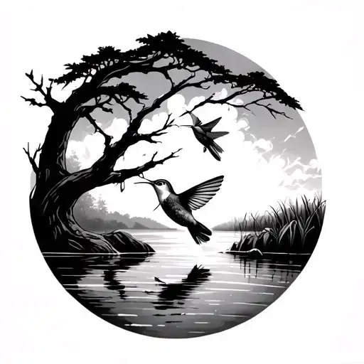 A Tree Hanging Over A Pond With A Humming Bird On The Branch With A Bass Jumping Out Of The Pond