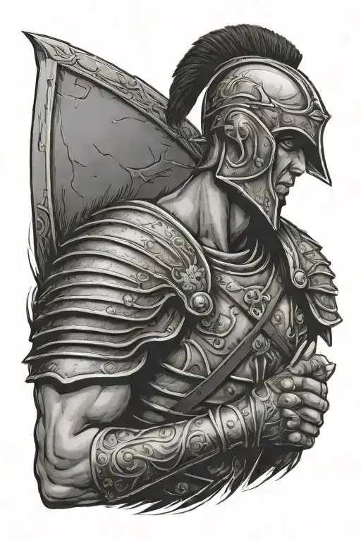 Roman Soldier Holding Battered Shield Staring