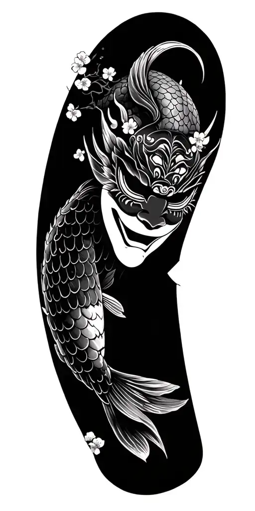Japanese Oni Mask Sleeve With Koi And Cherry Blossoms