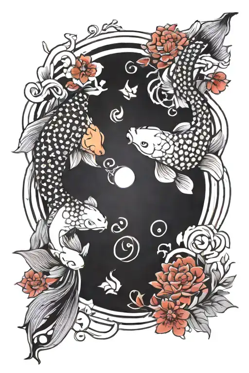 Koi Fish Yin Yang With Red Flowers Surrounding Them