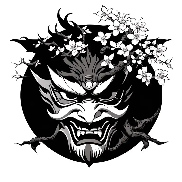 Oni Mask Next To A Cherry Blossom Tree