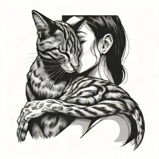 Side View Of Woman And Cat Face Snuggling Face To Face Outline