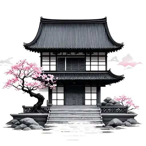 Japanese House With Cherry Blossom Tree