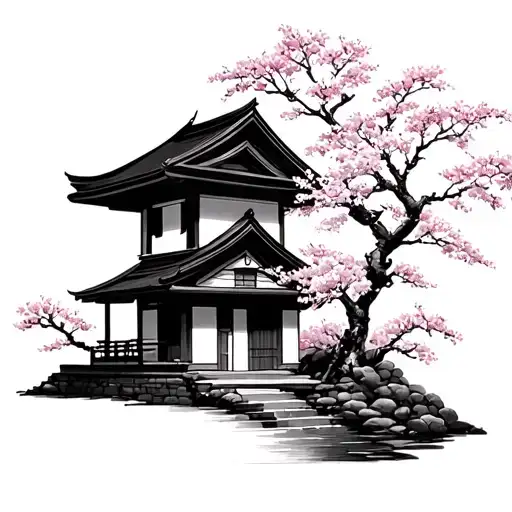 Japanese House With Cherry Blossom Tree
