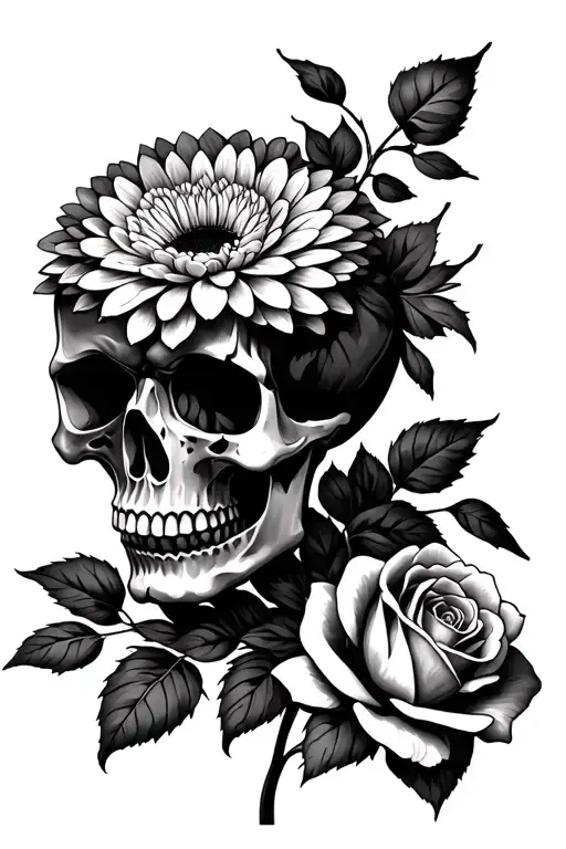 Skull Chrysanthemum And Rose