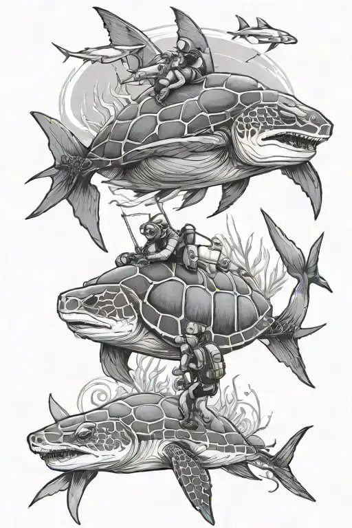 Fish Shark Diver Turtle Underwater Scene