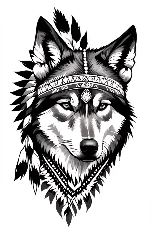 Native Indian And Wolf