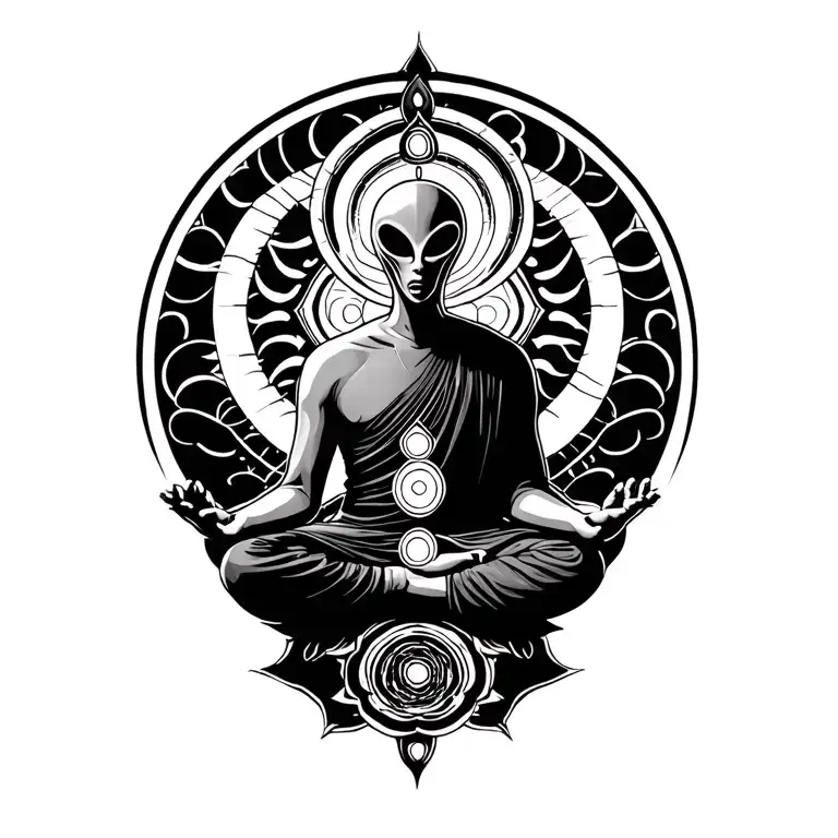 Spiritual Alien Meditating Monk Aligned With Chakras