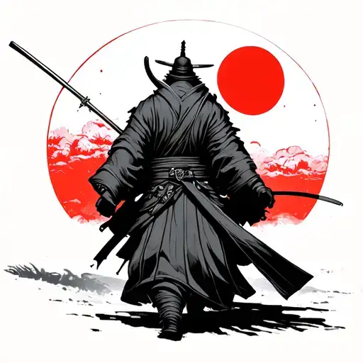 Ronin Walking Away With Red Sun In Background