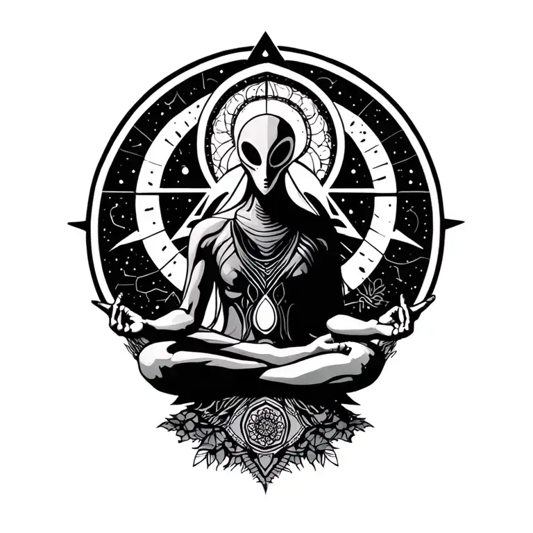 Spiritual 3 Eye Alien Meditating With Geometric Triangle