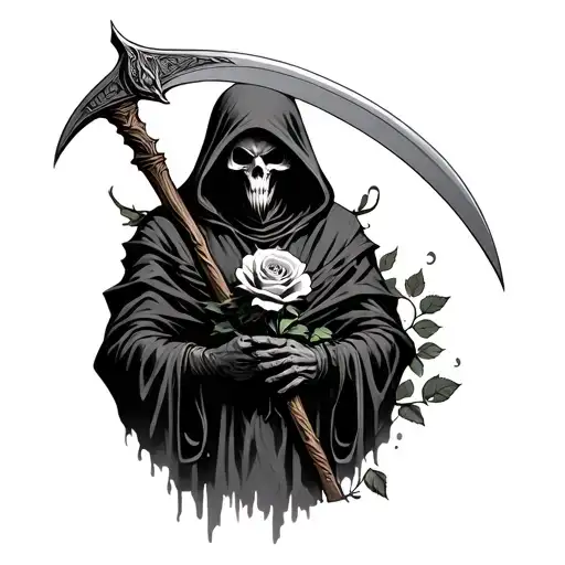 Grem Reaper Holding A Scythe With Dead Rose