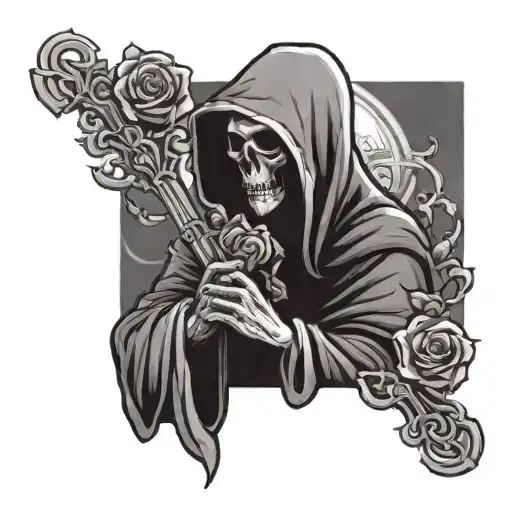 Grim Reaper Holding A Cross And Rose Intertwined