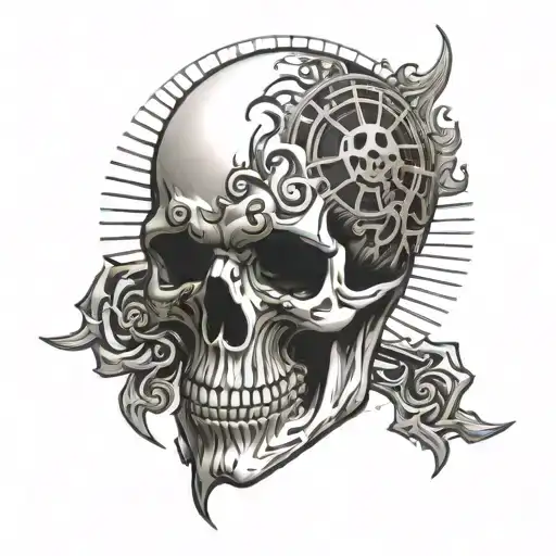 Skull With Blackwork Design Rising From The Bloody Sun