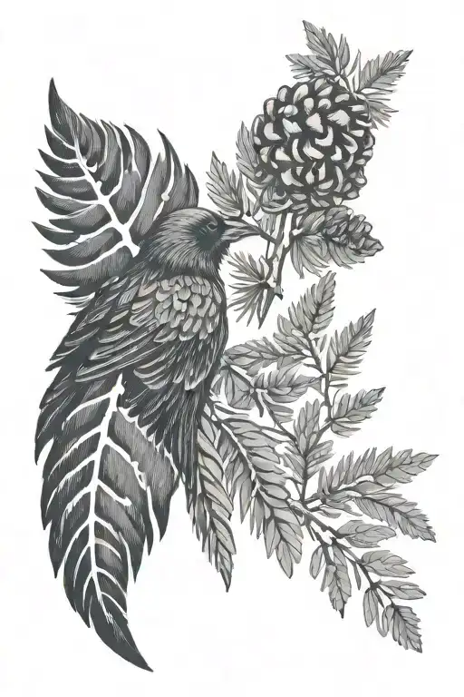I Want A Pine Cone With Fir Branches In The Background With A Crow