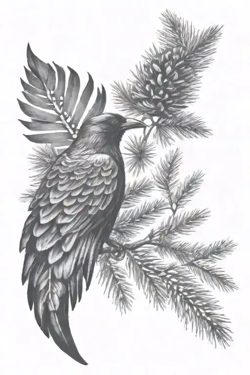 I Want A Pine Cone With Fir Branches In The Background With A Crow