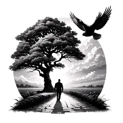 Man Walking On A Path Leading Towards The Tree Of Life With Doves In The Back