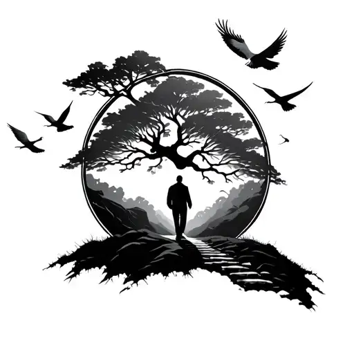 Man Walking On Path With Tree Of Life In The Back And Doves Flying In The Back
